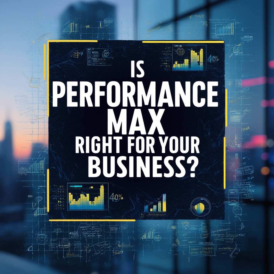 A bold graphic design with text reading 'Is Performance Max right for your business?' overlaid on a dark background featuring data charts, graphs, and a cityscape, ideal for performance marketing content.